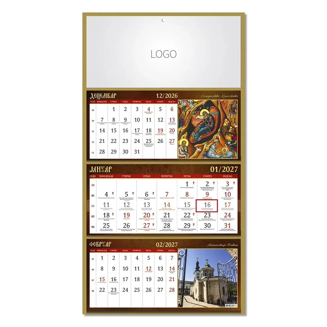 MANASTIRI 08, zidni kalendar: 3 x 12 listova, tromesečni, trodelni