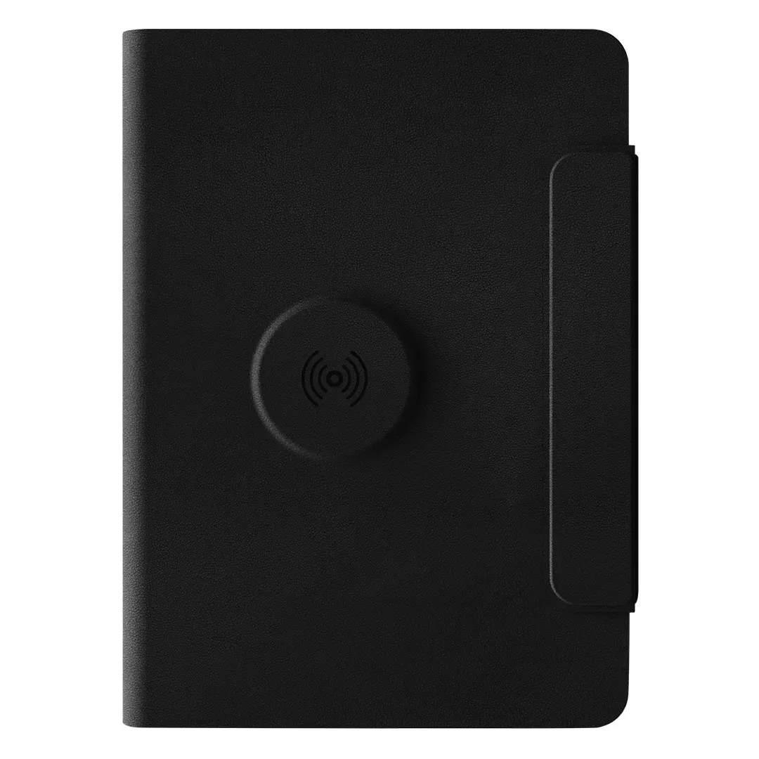 GLOBAL 2IN1, portfolio sa notesom a5, pomoćnom baterijom 5.000 mah, bežičnim punjačem za dva uređaja i magnetom, u poklon kutiji, crni
