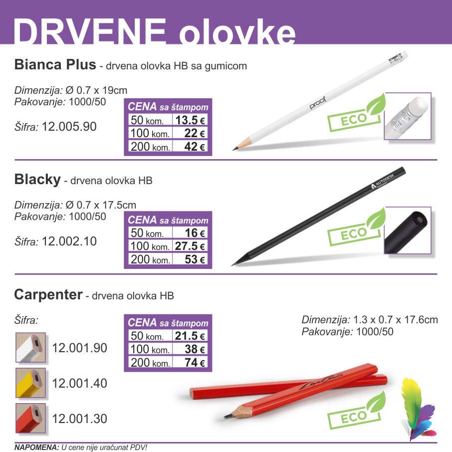 Kataloški list: Drvene olovke — Bianca Plus, Blacky, Carpenter